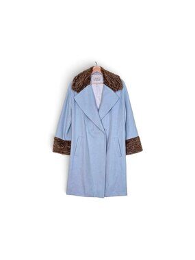 Dixie Italy Coat Women M Light Blue Wool Blend Faux Fur Collar Cuff NO BELT